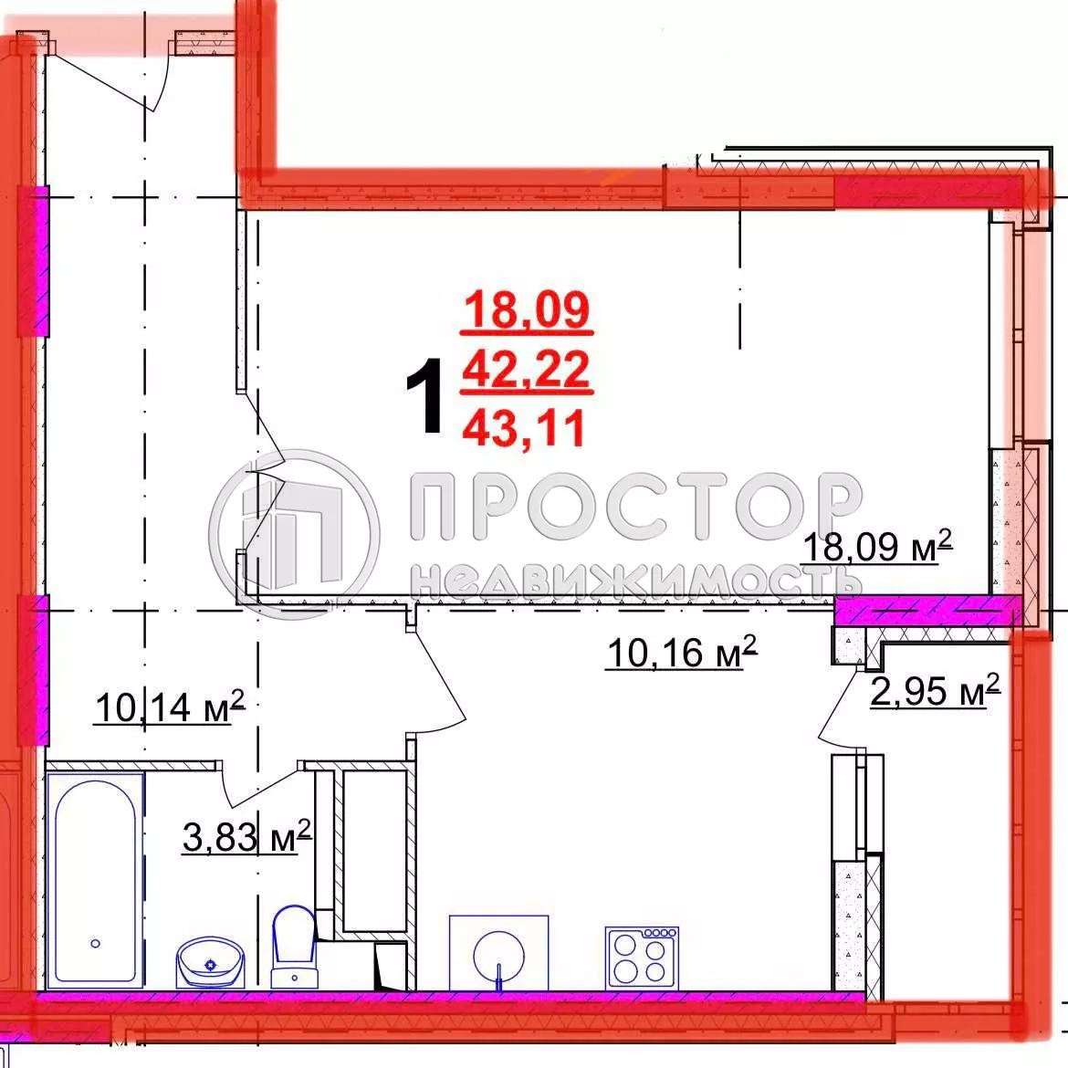 1-комнатная квартира, 43 м² - фото 32