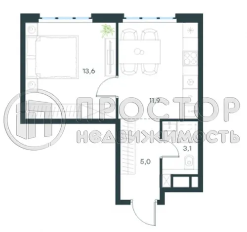 1-комнатная квартира, 33.6 м² - фото 7