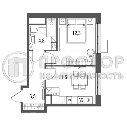 1-комнатная квартира, 35.1 м² - фото 2