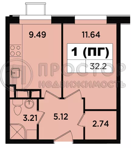 1-комнатная квартира, 30.6 м² - фото 10