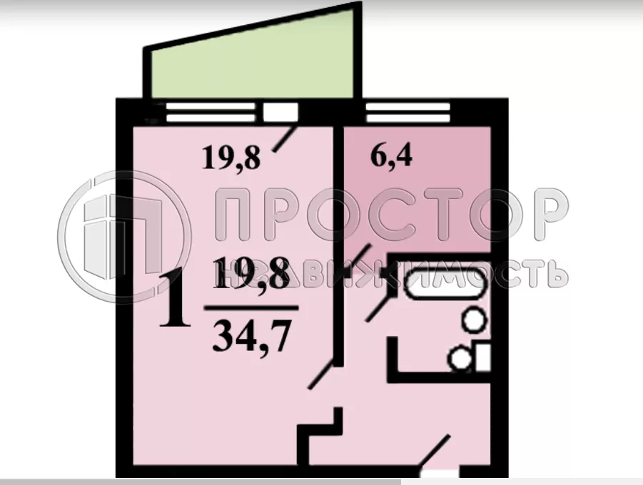1-комнатная квартира, 34.7 м² - фото 12