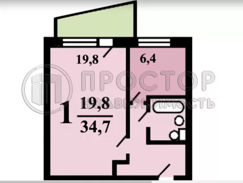 1-комнатная квартира, 34.7 м² - фото 12