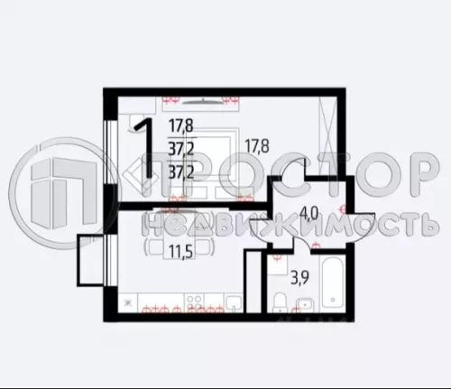 2-комнатная квартира, 37.2 м² - фото 2