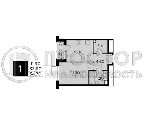 1-комнатная квартира, 34.7 м² - фото 4