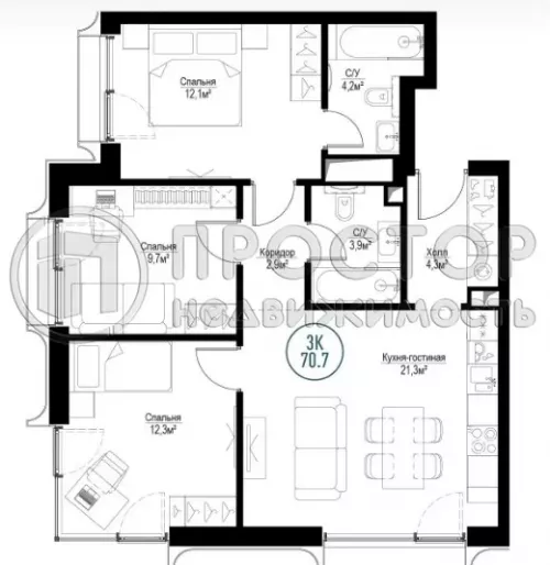 3-комнатная квартира, 70.5 м² - фото 5