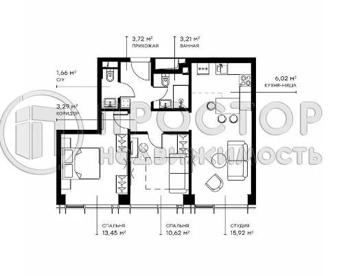 2-комнатная квартира, 57.89 м² - фото 2