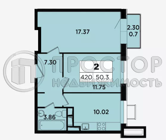 2-комнатная квартира, 50.3 м² - фото 2