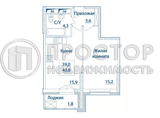 1-комнатная квартира, 40.8 м² - фото 2