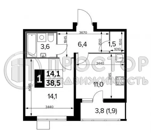 1-комнатная квартира, 38.5 м² - фото 7