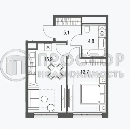 1-комнатная квартира, 38.5 м² - фото 6