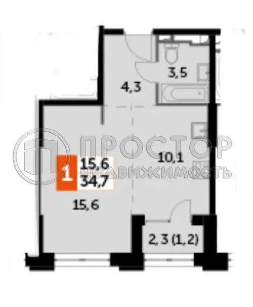 1-комнатная квартира, 35 м² - фото 7