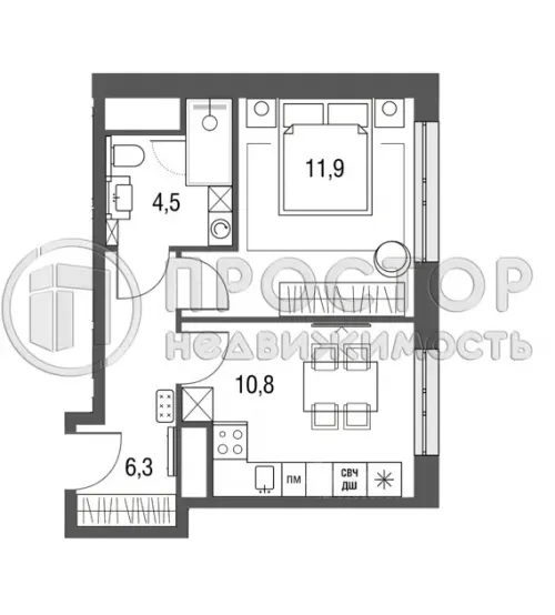 1-комнатная квартира, 33.6 м² - фото 5