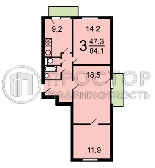 3-комнатная квартира, 64.1 м² - фото 17