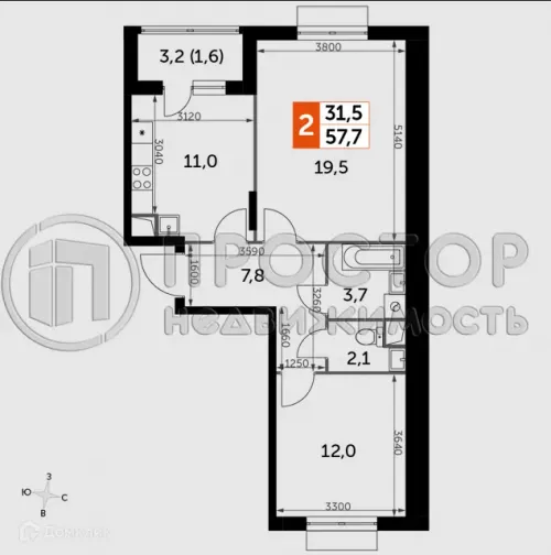 2-комнатная квартира, 57.7 м² - фото 9