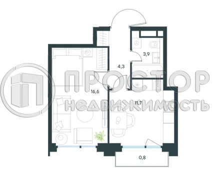 1-комнатная квартира, 37.3 м² - фото 9