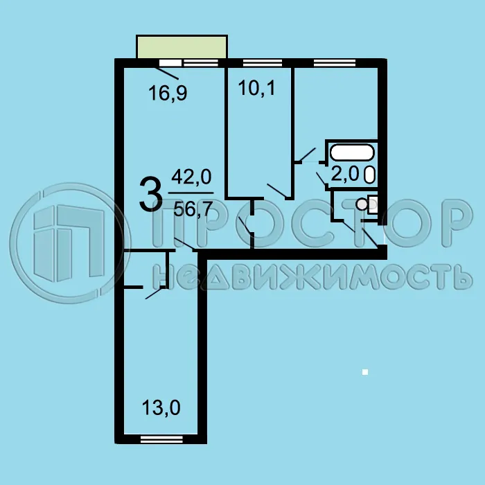 3-комнатная квартира, 56.7 м² - фото 15