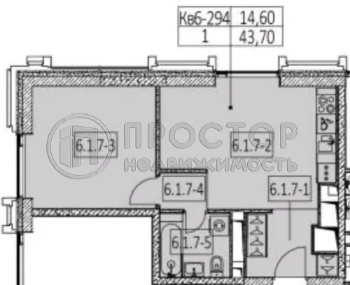 1-комнатная квартира, 44 м² - фото 14