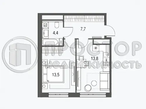 1-комнатная квартира, 39.4 м² - фото 2