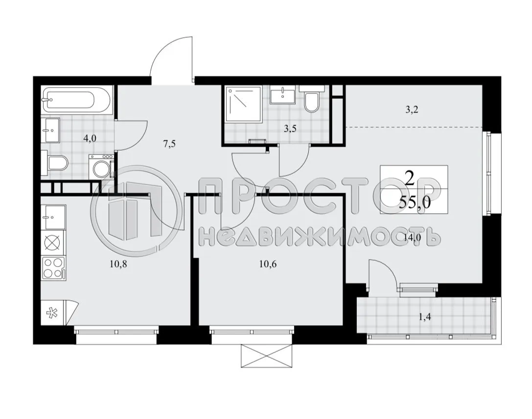 2-комнатная квартира, 55 м² - фото 13