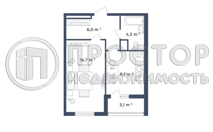 1-комнатная квартира, 40.1 м² - фото 2