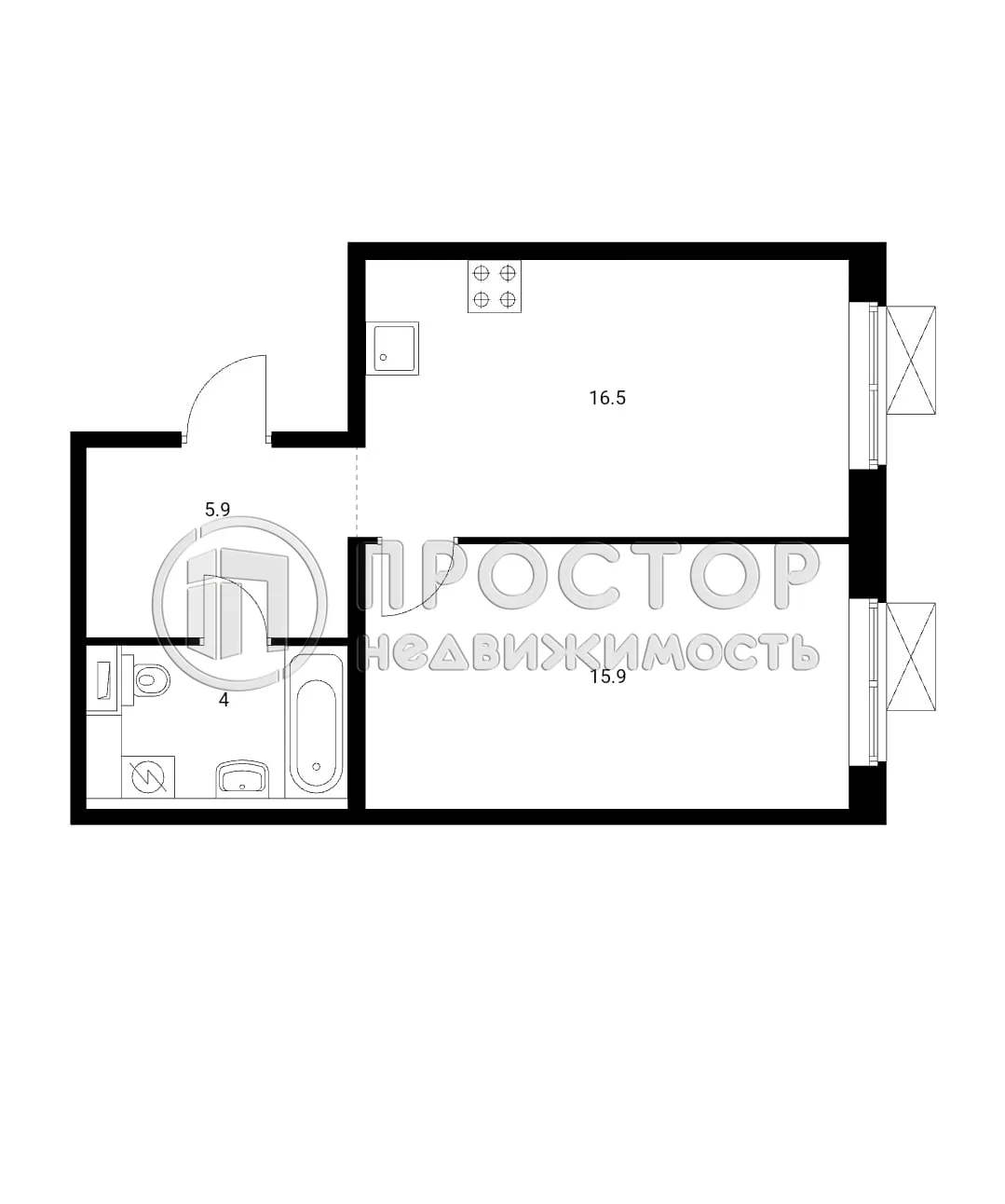 1-комнатная квартира, 42.3 м² - фото 31